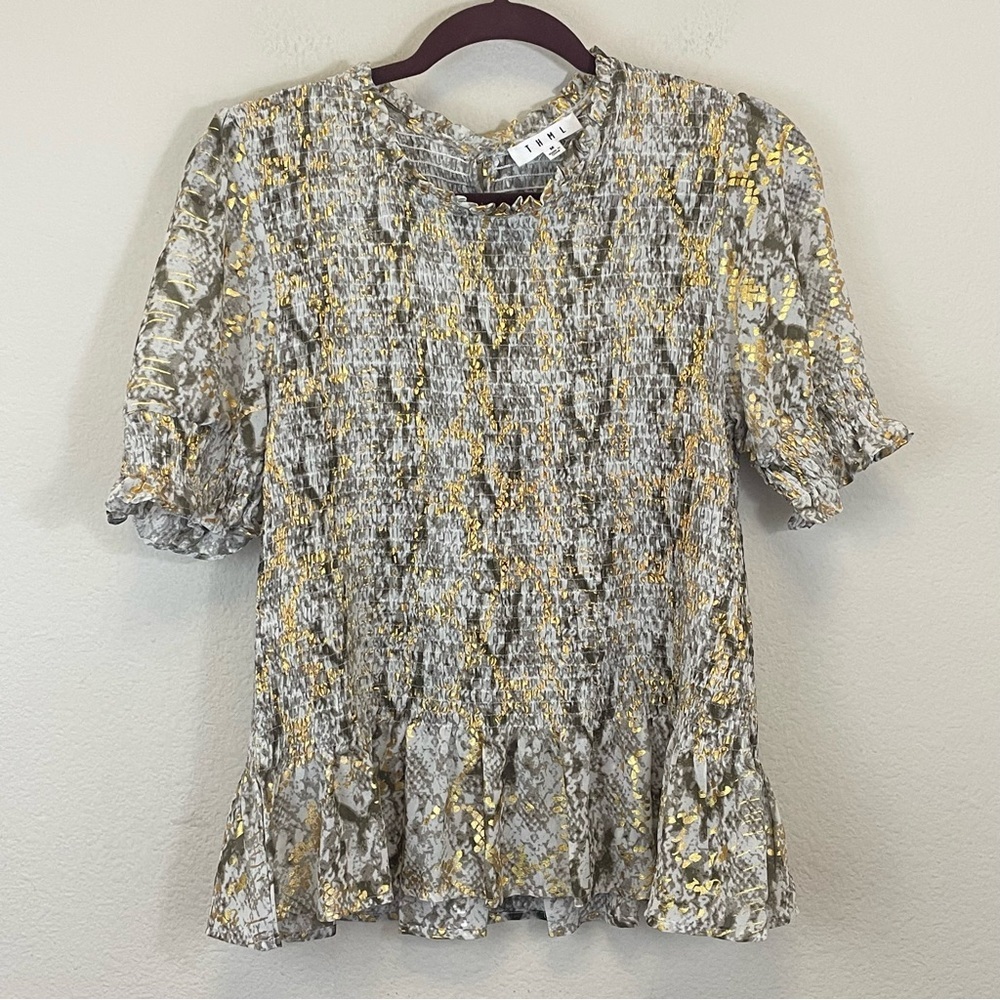 THML Snake Print Metallic Smocked Ruffle Blouse Size Medium
